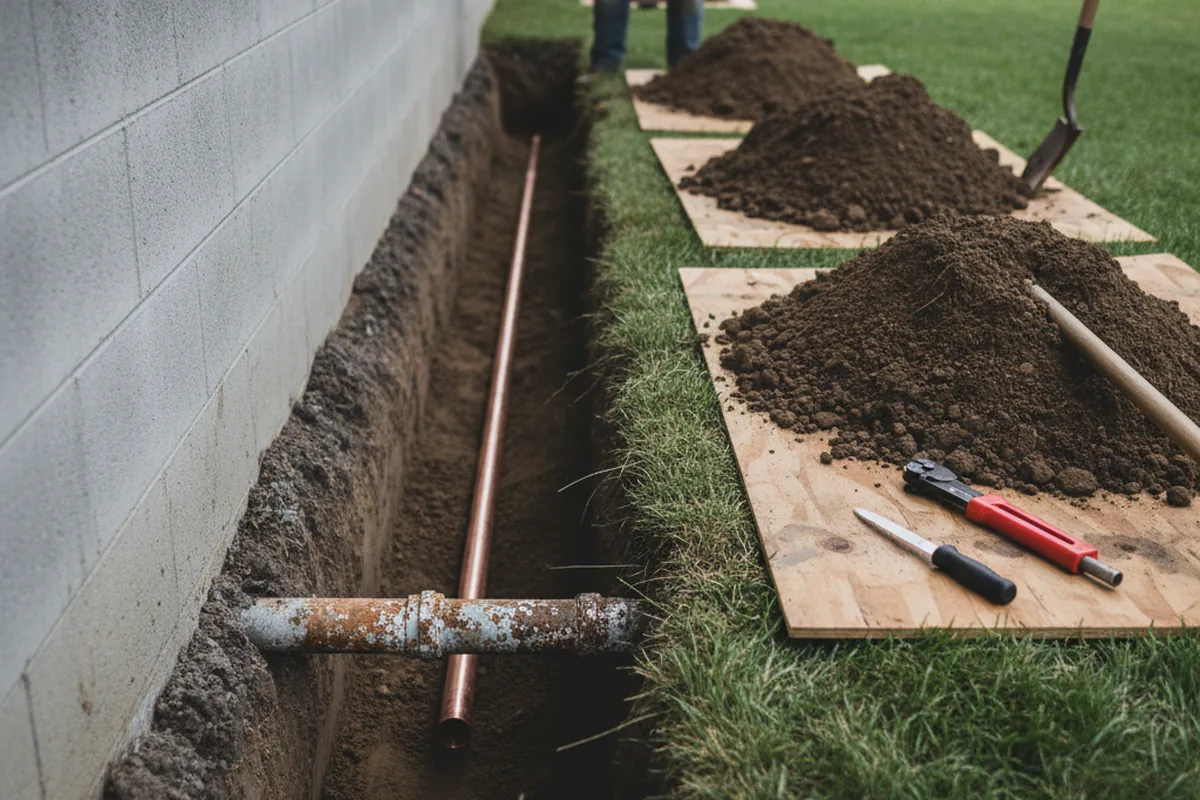 Excavated water line trench during Sewer Line Repair in Ocoee